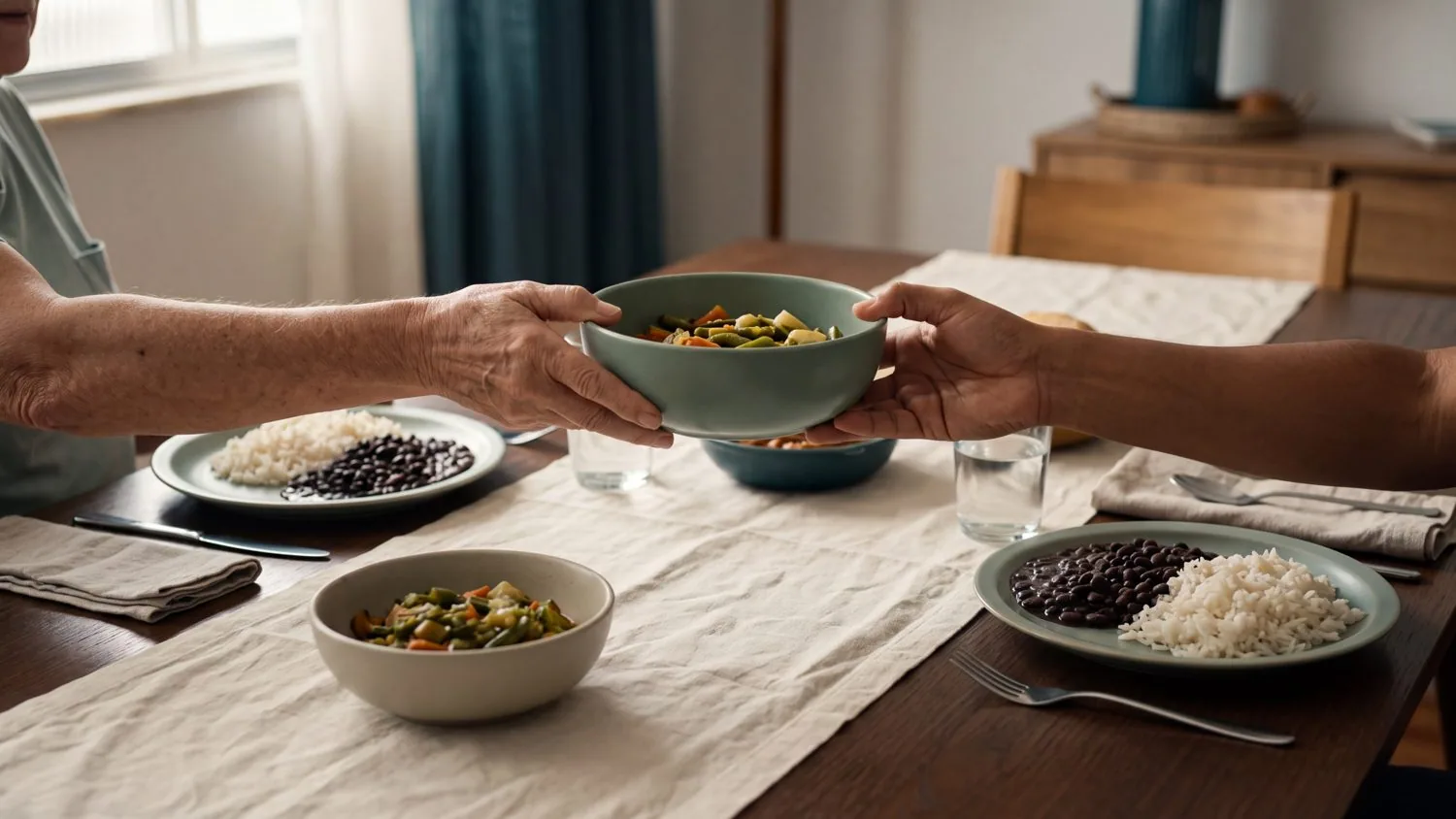 Pessoas compartilham uma refeição à mesa