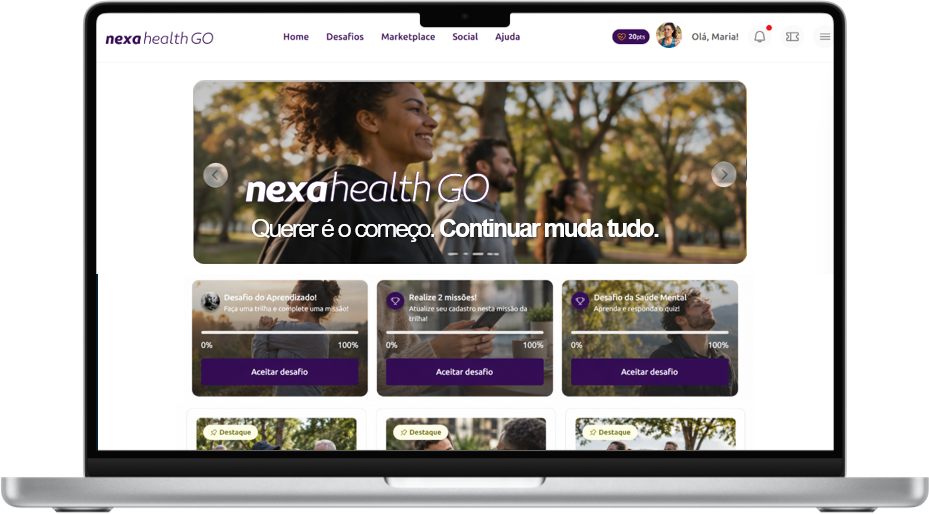 Tela do Nexa Health GO no computador, com desafios e atividades
