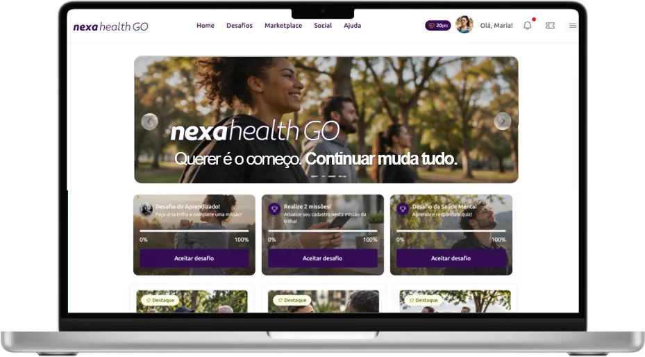 Tela do Nexa Health GO no computador, com desafios e atividades